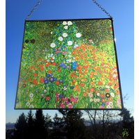 Gustav Klimt - Blumengarten, Glasmalerei Und Druck Auf Leinwand. Leinwand 280 G/M² | MattPreis Für Beide.geschenk von Bohemiaimage