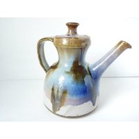 Mid-Century Studiokeramik Große Modernist Teekanne Töpferware Handarbeit Signiert, Designer Kanne Kaffeekanne Kunsthandwerk Blau Grau Töne von BohoBattista