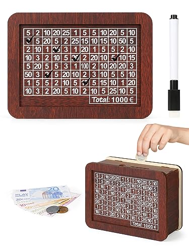 Bohoray Spardose Mit Zähler Holz,Sparbox Mit Zahlen Ankreuzen,Spardose Holz Kinder,Deine Sparbox 1000 Euro,Sparbüchse,Geld Sparen Box, Wiederverwendbare Aufbewahrungsbox mit Sparziel fur Erwachsene von Bohoray