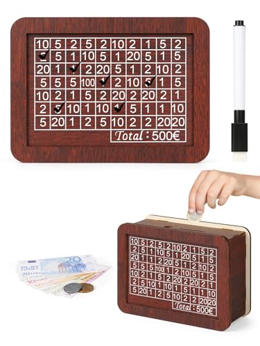 Bohoray Spardose aus Holz, €500 Sparbox Retro Sparbüchse Aufbewahrungsbox, Wiederverwendbare Spardose mit Sparziel und Zahlen zum ankreuzen für Kinder und Erwachsene von Bohoray