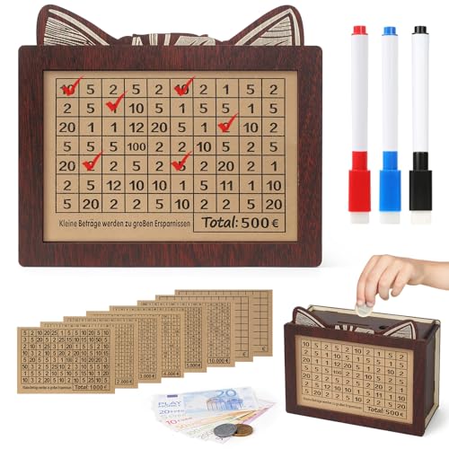 Bohoray Spardose Holz mit Marker Aufklebern, Sparschwein mit 3 Marker, Holzspardose mit Marker Aufklebern, Ankreuzen Sparbox Geldsparbox Cash Box €500-€10000 Ziel von Bohoray