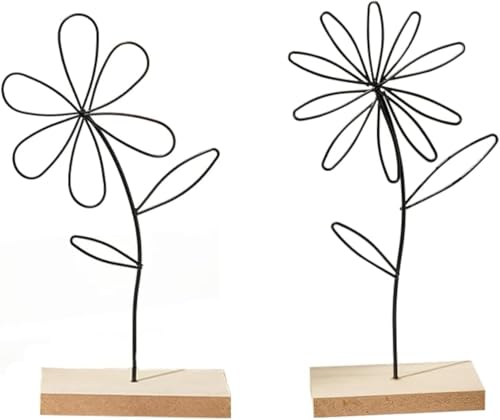 2er Set Aufsteller Blume,24cm Dekoaufsteller Blumen Arrangement Ornamente, Metallring Blumen Dekoring Schwarz, Bastelbedarf Deko Tischdeko Osterdeko Dekoaufsteller Blume Metall Sockel aus Holz von Bohrma