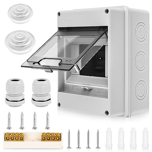 Bohrma Sicherheitsschalter Aufputz, Verteilerkasten Aufputz IP65 wasserdicht, 5-Wege Unterverteilung mit Messingklemmen, 1-Reihig für 5 Module, Grau, ABS und PC, 2 Wasserdichte Stecker, 4 Schrauben von Bohrma