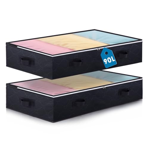 Boic 2 Stück Unterbettkommode, 90L Faltbare Unterbett Aufbewahrungsbox, Aufbewahrungsbox Mit Deckel Bettkasten Aufbewahrung Kleidung Aufbewahrung Für Kissen Kleidung Bettdecken Und Bettwäsche(Schwarz) von Boic