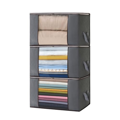 Boic 3 Stück Groß Aufbewahrungsbox mit Deckel, 90L Aufbewahrungstasche, Kleideraufbewahrung Umzugskartons, Faltbare Aufbewahrung Boxen für Bettdecken Decken Kleidung Unterbett Kleiderschrank, Grau von Boic