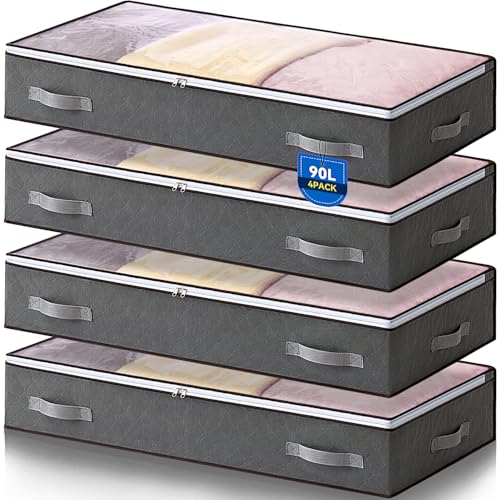 Boic 4 Stück 90L Unterbettkommode, Unterbett Aufbewahrungsbox mit deckel, Faltbare Kleidung Aufbewahrung Aufbewahrungstasche für Bettdecken Kleidung Unterbett Kleiderschrank, Grau von Boic