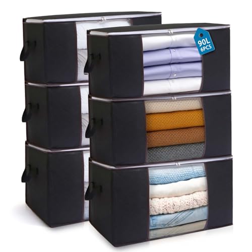 Boic 6 Stück Groß Aufbewahrungsbox Mit Deckel, 90L Aufbewahrungstasche Für Bettdecken, Faltbare Kleiderschrank Organizer Umzugskartons Für Bettdecken Kleidung Aufbewahrung (Schwarz) von Boic