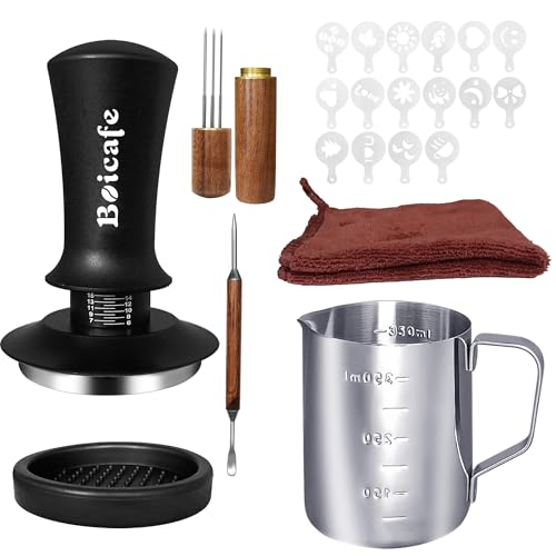 Boicafe Espresso-Zubehör-Set, 51 mm, federbelastet, kalibriert, Espresso, Kaffee-Tamper-Set mit Tamper-Matte, WDT-Werkzeug, Latte-Art-Kit, Aufschäumkrug und Handtuch für die Kaffeezubereitung, 22 von Boicafe
