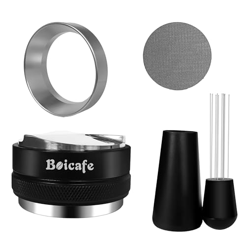Boicafe Espresso-Zubehör-Set, 58 mm, 4 Stück, 58 mm, Kaffee-Verteiler, Espresso-Kaffeestampfer, Nivellierer mit WDT-Werkzeug, Dosiertrichter und Espresso-Pucksieb für bodenlosen Siebträger (58 mm) von Boicafe