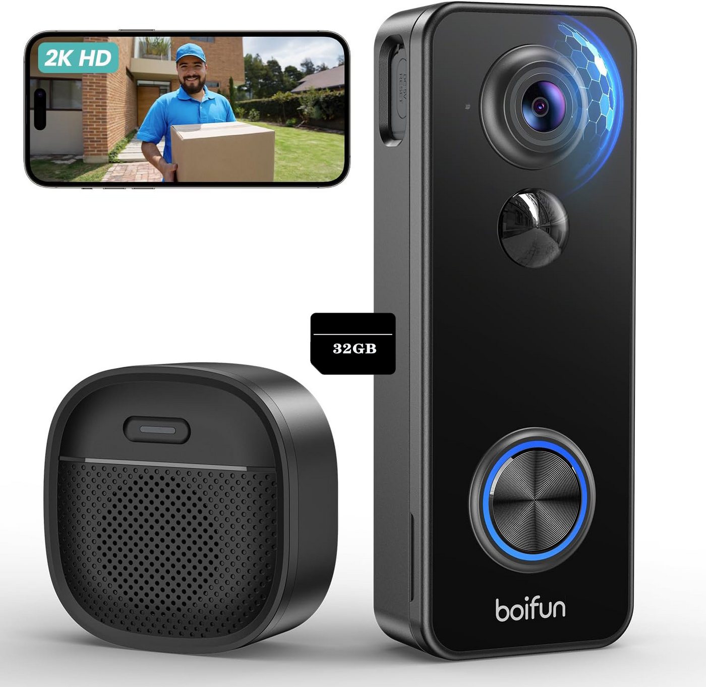 Boifun Smart Home Türklingel 2K Video türklingel mit kamera wlan akku mit 2,4GHz WLAN (Außenbereich, Aussen, außen, Kein Abonnement Erforderlich, Lange Akkulaufzeit, Doppelspeicher, 2K Video Türklingel, 180° Ultrabreiten Sichtfeld, 2-Wege-Audio, IP65, Kompatibel Mit Alexa, Nachtsicht infrarot, 32GB TF Karte) von Boifun