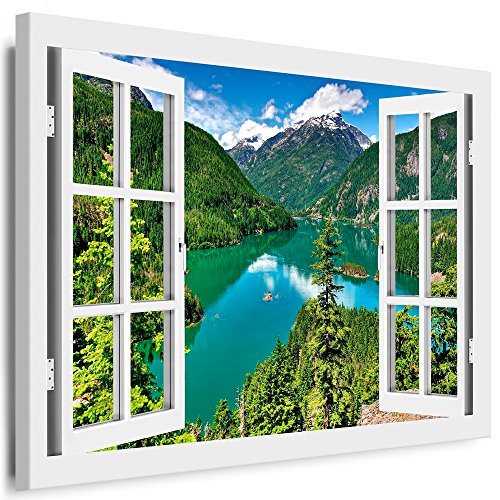 Boikal - Wandbilder Fensterblick 60 x 50 cm Leinwandbild modern Kunstdrucke Wanddesign Wanddekoration Wanddeko Weiß Fenster Bild Bergen Nadelwälder See XXL58-2 von Boikal