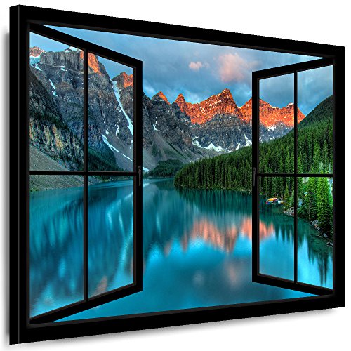 Boikal - Bilder Fensterblick 50x60cm Leinwandbild modern Kunstdrucke Wanddesign Wanddekoration Wanddeko Fenster Wandbild Wald See Berge VI1P181L von Boikal