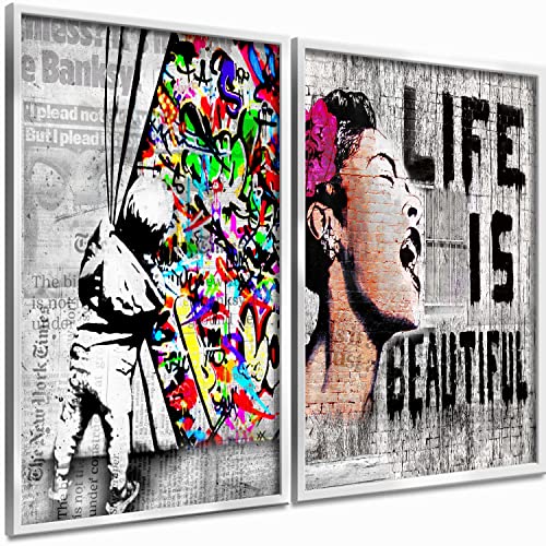 Boikal Collection Bilder Collage Wandbilder ohne Rahmen Poster Set Banksy - Graffiti Hinter Vorhang - 2-teilig, 40 x 60 cm A2, 2 Set, 40 x 60 cm von Boikal