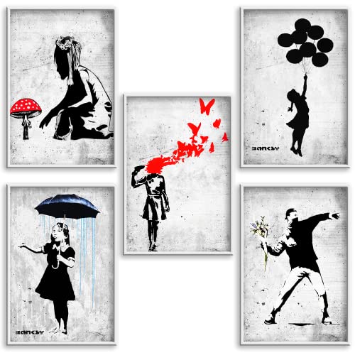 Boikal Collection Bilder Collage Wandbilder ohne Rahmen Poster Set Banksy - Regenschirm Mädchen - 5-teilig, 20 x 30 cm A4 von Boikal