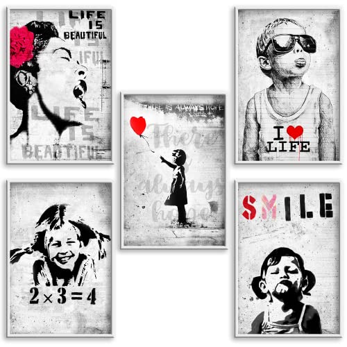 Boikal Collection Bilder Collage Wandbilder ohne Rahmen Poster Set Banksy - Smile - 5-teilig, 15 x 20 cm A5 von Boikal