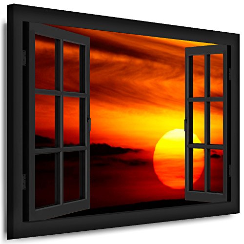 Boikal - Wandbilder Fensterblick 100 x 80 cm Leinwandbild modern Kunstdrucke Wanddesign Wanddekoration Wanddeko Grau Fenster Bild Sonnenuntergang Sonne Berge XXL180-19 von Boikal