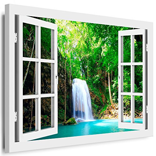 Boikal - Wandbilder Fensterblick 100 x 80 cm Leinwandbild modern Kunstdrucke Wanddesign Wanddekoration Wanddeko Weiß Fenster Bild Wasserfall Naturschwimmbad XXL47-5 von Boikal