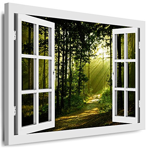 Boikal - Wandbilder Fensterblick 100 x 80 cm Leinwandbild modern Kunstdrucke Wanddesign Wanddekoration Wanddeko Weiß Fenster Bild Weg Wald Sonnenstrahlen Bäume XXL171-5 von Boikal