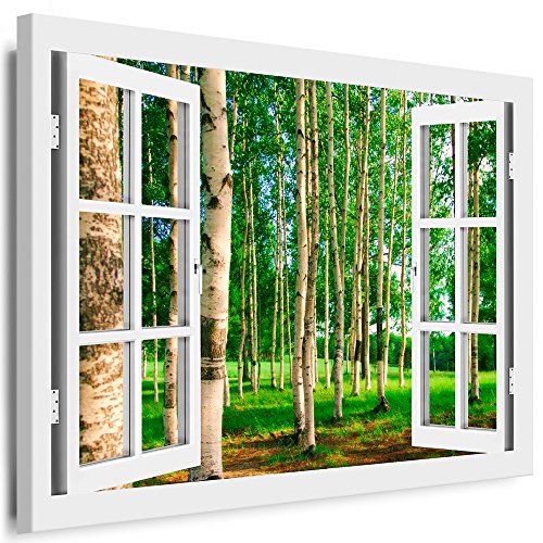 Boikal - Wandbilder Fensterblick 150 x 100 cm Leinwandbild modern Kunstdrucke Wanddesign Wanddekoration Wanddeko Weiß Fenster Bild Birkenwald Bäume Birke XXL142-7 von Boikal