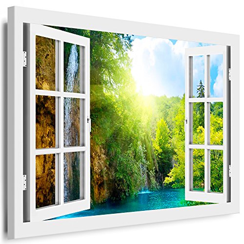 Boikal - Wandbilder Fensterblick 150 x 100 cm Leinwandbild modern Kunstdrucke Wanddesign Wanddekoration Wanddeko Weiß Fenster Bild Wasserfall Berg Wald Bäume XXL48-7 von Boikal