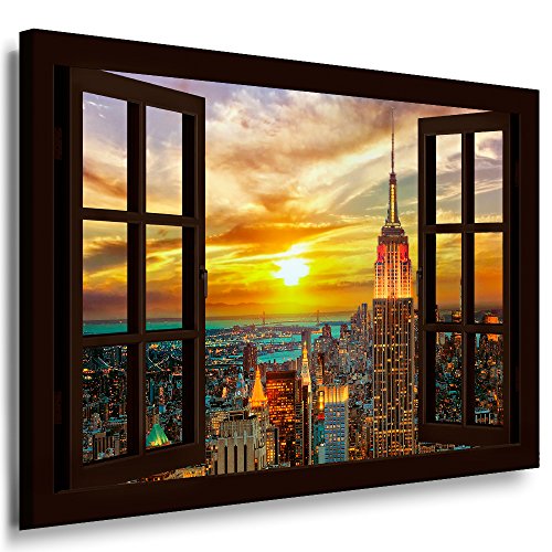 Boikal - Wandbilder Fensterblick 40 x 30 cm Leinwandbild modern Kunstdrucke Wanddesign Wanddekoration Wanddeko Braun Fenster Bild New York City Brüke Sonne XXL212-8 von Boikal