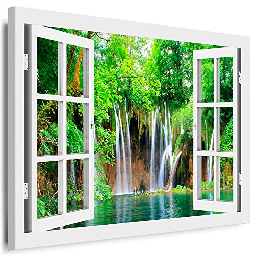 Boikal - Wandbilder Fensterblick 40 x 30 cm Leinwandbild modern Kunstdrucke Wanddesign Wanddekoration Wanddeko Weiß Fenster Bild Wasserfall im grünen Wald XXL108-1 von Boikal
