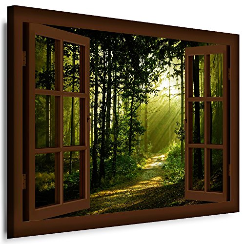 Boikal - Wandbilder Fensterblick 60 x 50 cm Leinwandbild modern Kunstdrucke Wanddesign Wanddekoration Wanddeko Braun Fenster Bild Weg Wald Sonnenstrahlen Bäume XXL171-9 von Boikal