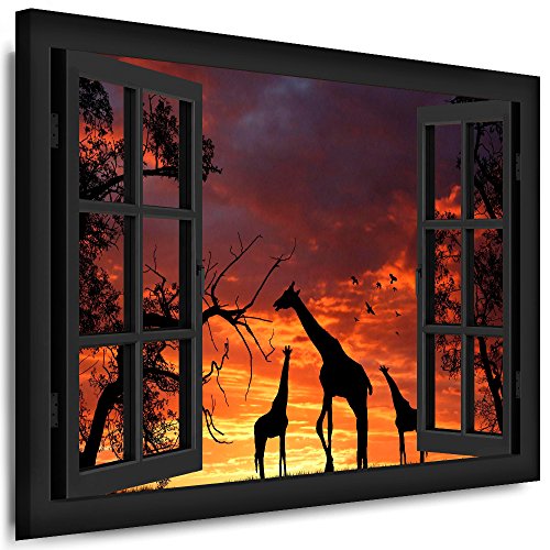 Boikal - Wandbilder Fensterblick 60 x 50 cm Leinwandbild modern Kunstdrucke Wanddesign Wanddekoration Wanddeko Grau Fenster Bild Afrika Giraffe Sonnenuntergang Bäume XXL193-16 von Boikal