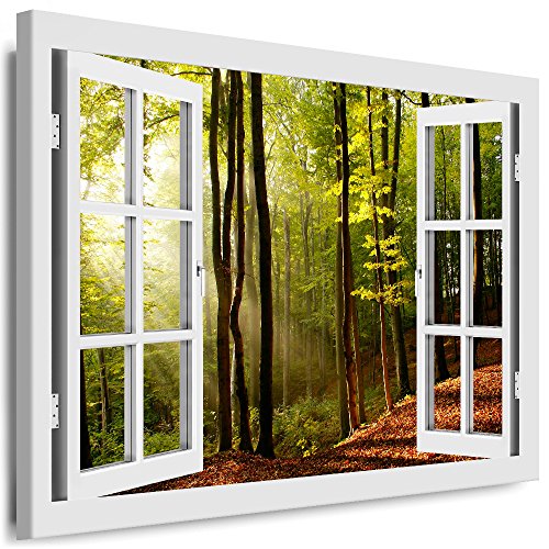 Boikal - Wandbilder Fensterblick 60 x 50 cm Leinwandbild modern Kunstdrucke Wanddesign Wanddekoration Wanddeko Weiß Fenster Bild Sonnenuntergang Wald Bäume XXL186-2 von Boikal