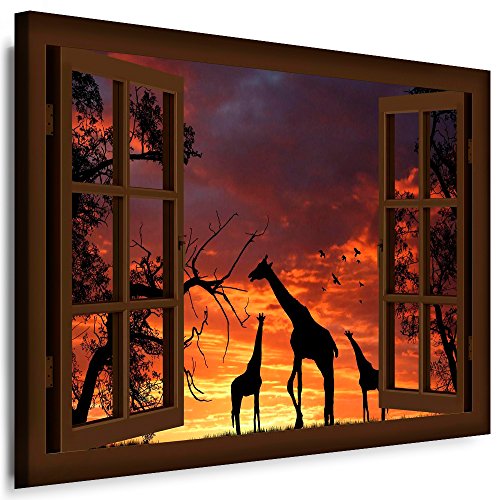 Boikal - Wandbilder Fensterblick 70 x 50 cm Leinwandbild modern Kunstdrucke Wanddesign Wanddekoration Wanddeko Braun Fenster Bild Afrika Giraffe Sonnenuntergang Bäume XXL193-10 von Boikal