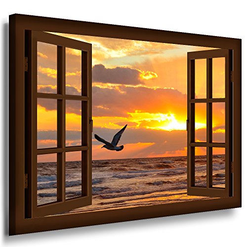 Boikal - Wandbilder Fensterblick 70 x 50 cm Leinwandbild modern Kunstdrucke Wanddesign Wanddekoration Wanddeko Braun Fenster Bild Möwe Meer Wellen XXL09-10 von Boikal