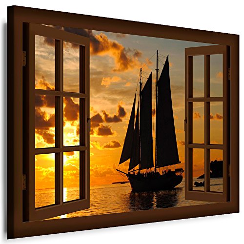 Boikal - Wandbilder Fensterblick 70 x 50 cm Leinwandbild modern Kunstdrucke Wanddesign Wanddekoration Wanddeko Braun Fenster Bild Segelboot Meer Insel Urlaub XXL41-10 von Boikal