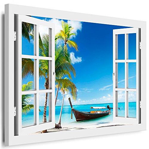 Boikal - Wandbilder Fensterblick 70 x 50 cm Leinwandbild modern Kunstdrucke Wanddesign Wanddekoration Wanddeko Weiß Fenster Bild Boot Strand Meer Palmen XXL60-3 von Boikal