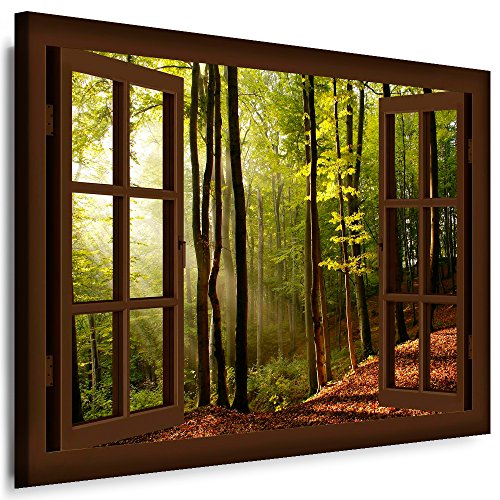 Boikal - Wandbilder Fensterblick 80 x 70 cm Leinwandbild modern Kunstdrucke Wanddesign Wanddekoration Wanddeko Braun Fenster Bild Sonnenuntergang Wald Bäume XXL186-11 von Boikal