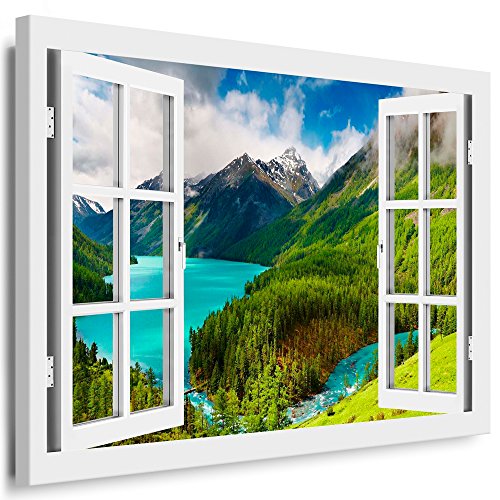 Boikal - Wandbilder Fensterblick 80 x 70 cm Leinwandbild modern Kunstdrucke Wanddesign Wanddekoration Wanddeko Weiß Fenster Bild See Berge Wald-fluss Bäume XXL201-4 von Boikal