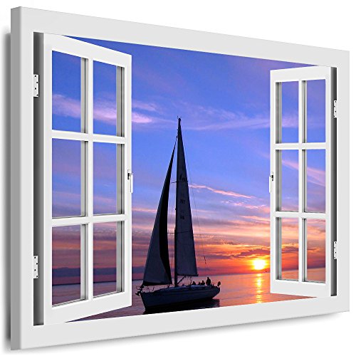 Boikal - Wandbilder Fensterblick 80 x 70 cm Leinwandbild modern Kunstdrucke Wanddesign Wanddekoration Wanddeko Weiß Fenster Bild Segelboot ruhiges Meer XXL34-4 von Boikal
