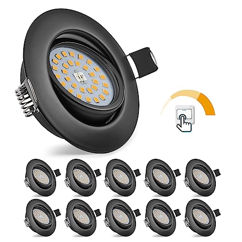 Bojim Einbaustrahler Led Flach Dimmbar, 10x 5.5W Spot Schwarz 3000K Warmweiß, Einbauspot 230V 3 Stufige , Einbauleuchten Decke Schwenkbar 60°, Deckenspots 68mm für Salon Schlafzimmer von Bojim