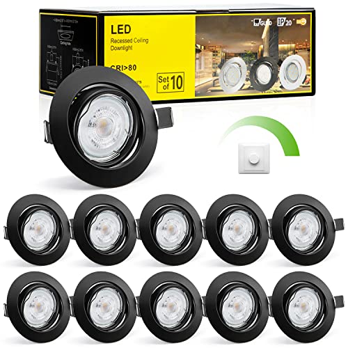 Bojim Led Einbaustrahler 230V Dimmbar, 10x 5W Led Spot Gu10 Schwarz Rund Stufenlos Dimmbar Kaltweiß 4000K, 470LM Einbauleuchten CRI>80Ra, IP20 Deckenspot Loch 68-80mm, 60° Schwenkbar Einbauspot von Bojim