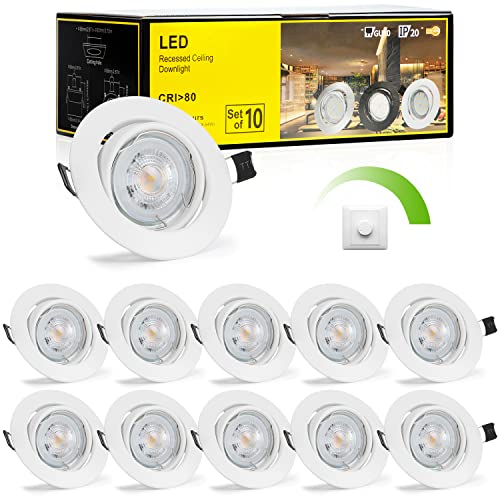 Bojim Led Einbaustrahler Dimmbar 230V, 10x 5W Led Spot Weiß Gu10 Stufenlos Dimmbar Kaltweiß 4000K, 470 LM Einbauleuchten CRI>80, Deckenspot Loch 68-80mm, IP20 Einbauspot Rund, 60° Schwenkbar von Bojim