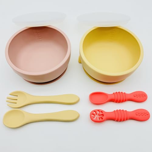 Bojiwavawd 2er-Pack Babyschüsseln aus Silikon mit Saugnapf, 3 Löffel, 1 Gabel, auslaufsichere, festsitzende Silikonschüsseln mit Deckel für Babys, Geschirrset (Beige/Rosa) von Bojiwavawd