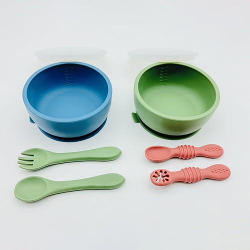 Bojiwavawd 2er-Pack Babyschüsseln aus Silikon mit Saugnapf, 3 Löffel, 1 Gabel, auslaufsichere, festsitzende Silikonschüsseln mit Deckel für Babys, Geschirrset (Grün/Blau) von Bojiwavawd