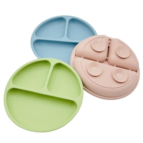 Bojiwavawd Silikon-Futterteller mit Saugnäpfen für Kleinkinder zum Abstillen, 3er-Pack unterteilte Fütterteller, unzerbrechliche unterteilte Schalen für das Tablett des Hochstuhls (Blau/Olive/Rosa) von Bojiwavawd