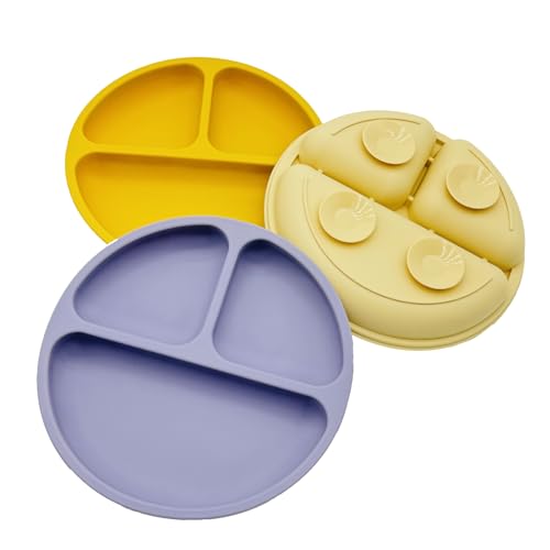 Bojiwavawd Silikon-Futterteller mit Saugnäpfen für Kleinkinder zum Abstillen, 3er-Pack unterteilte Fütterteller, unzerbrechliche unterteilte Schalen für das Tablett des Hochstuhls (Lila/Mango/Beige) von Bojiwavawd
