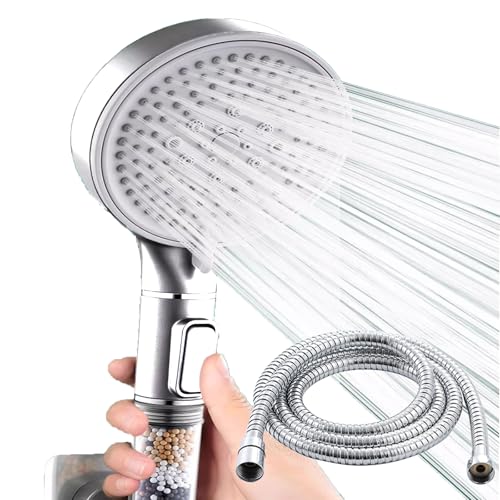 Bokaiya Duschkopf und Schlauch mit Dreifach Filtration, Neueste 5-Modi Hochdruck Duschköpfe mit 1.5M Schlauch, Universal Hartwasserenthärter (Silber) von Bokaiya