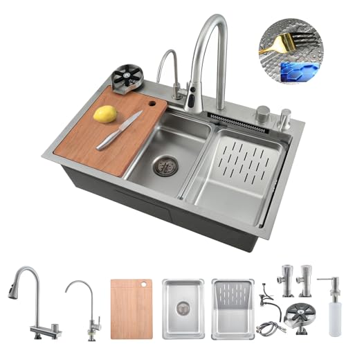 Bokaiya Küchenspüle Wasserfall, Küchenspüle Gebürstet, Spülbecken Küchenspüle, Küchenspülen Edelstahl, Große Spülbecken 1 Becken, Wasserfall Spüle Waschen Mit Ausziehbar Wasserhahn Küche(85 x 45cm) von Bokaiya