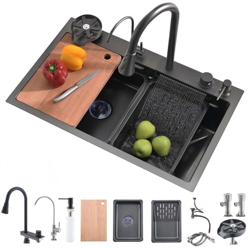 Bokaiya Küchenspüle 85 x 50 cm, Küchenspüle Schwarz Edelstahl, Wasserfall Spüle Waschen Mit Ausziehbar Wasserhahn, Glasspüler, 1 Becken Silber Spülbecken, Spülen Edelstahl, Große Spülbecken 1 Becken Bokaiya Küchenspüle 85 x 50 cm, Küchenspüle Schwarz Edelstahl, Wasserfall Spüle Waschen Mit Ausziehbar Wasserhahn, Glasspüler, 1 Becken Silber Spülbecken, Spülen Edelstahl, Große Spülbecken 1 Becken von Bokaiya