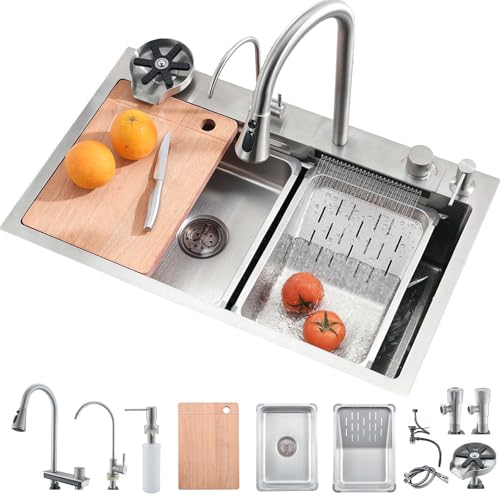Bokaiya Küchenspüle 90 x 45 cm, Küchenspüle Silber Edelstahl, Wasserfall Spüle Waschen Mit Ausziehbar Wasserhahn, Glasspüler, 1 Becken Silber Spülbecken, Spülen Edelstahl, Große Spülbecken 1 Becken von Bokaiya