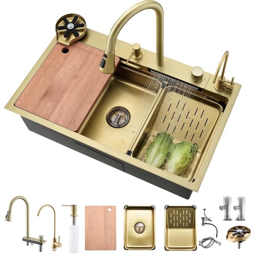 Bokaiya Küchenspüle Wasserfall, Küchenspüle,Küchenspüle Gold, Küchenspüle Edelstahl, Große Spüle 1 Becken, Wasserfallspüle Waschen mit ausziehbarem Wasserhahn Küche 80 x 45cm von Bokaiya