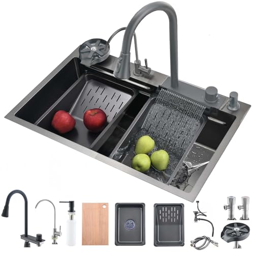 Bokaiya Küchenspüle Wasserfall, Küchenspüle Schwarz, Spülbecken Küchenspüle, Küchenspülen Edelstahl, Große Spülbecken 1 Becken, Wasserfall Spüle Waschen Mit Ausziehbar Wasserhahn Küche 85 x 45 cm von Bokaiya