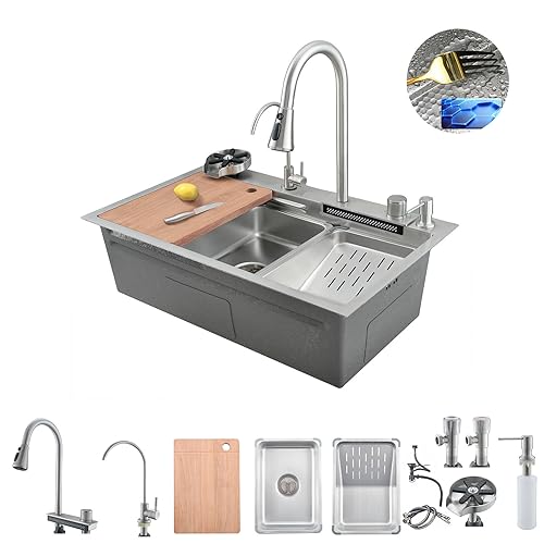 Bokaiya Raindance Nano Edelstahl-Wasserfall-Küchenspüle, Multifunktionsspüle mit herausziehbarem Wasserhahn, Schneidebrett und anderem Zubehör, Arbeitsspüle, Geschirrspüler. (75 x 45 x 21 cm, Silber) von Bokaiya